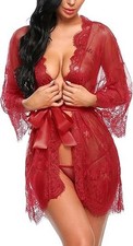 Avidlove Lace Kimono Dark Red Robe Medium Babydoll Lingerie Mesh