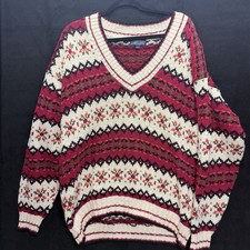 Lands End Sweater Men  s L Fair isle VTG Chunky Knit V Neck Ski Lodge Cozy