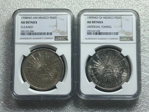 Lot of 2 X 1908 - 1909 Mo Mexico Cap & Rays Silver Pesos NGC AU Free Shipping