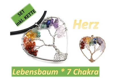 GJ69 HERZ / LIEBE LEBENSBAUM 7 CHAKRA ANHÄNGER SET AUSW +Silberkette/Leder Neu