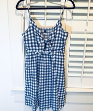 Old Navy Women Dress Blue White Gingham Check Size M Tie Front Pockets EUC