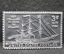 XD05120 VINTAGE 1970s  US POSTAGE 3 CENT  1st SHIP ACROSS ATLANTIC BELT BUCKLE