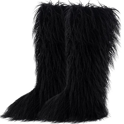 Black Faux Fur Tall Furry Boots for Woman Long Winter Mongolian Fuzzy Size 7
