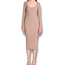 NWOT WAYF Size M Alexi Beige Long Sleeve Ribbed Belted Midi Bodycon Dress $99