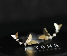 Girl / Women 925 Sterling Silver Gold Delicate Curved CZ Butterfly Earring Stud