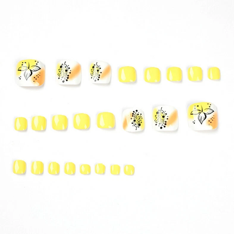 Juego de 24 uñas postizas cuadradas de diseño amarillo prensado de uñas postizas en uñas de los pies Foto 3 de 4