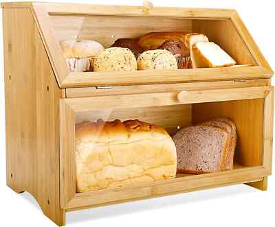 Bamboo Wood Bread Box 2-Layer Large Kitchen Storage Containers Loaf Storage Bin