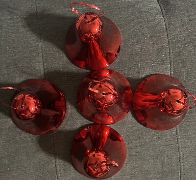 Vintage Shiny Brite Red Bells Metal Christmas Ornaments - Set of 5 - 5'' X  5''