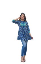 YASH GALLERY Women's Blue Kurti, Floral Placement Print, Elegant Short Top