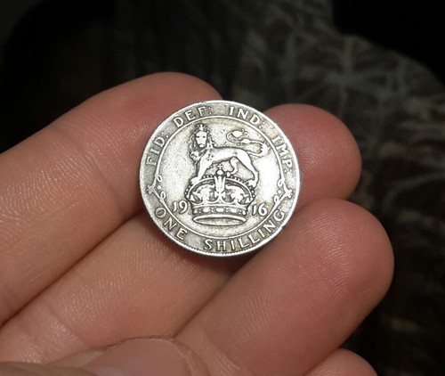 1916 GREAT BRITAIN 1 SHILLING .925 101 yr old patina SILVER - Picture 2 of 3