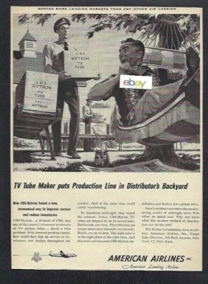 AMERICAN AIRLINES 1953 CBS HYTRON TV TUBE MAKER PUTS PRODUCTION LINE BACKYARD AD