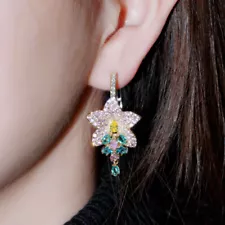 Women Gold Plated Pink Flower Cubic Zircon Fringe Drop Wedding Big Hoop Earrings