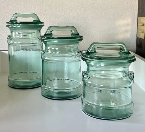 LE Smith Vintage Green Glass Milk Canisters w Lids Set of 3 Sizes