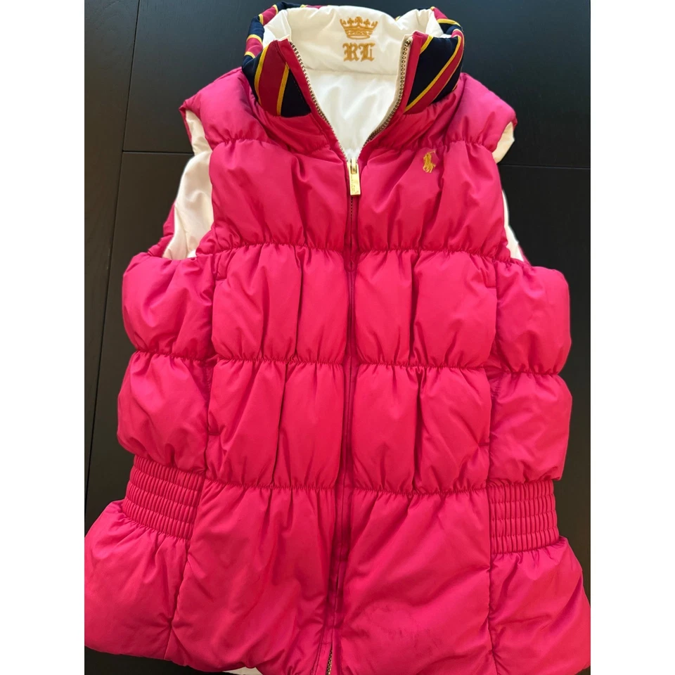 Ralph Lauren 双面羽绒背心女孩中号 (8-10) 白色/ Fuschia — 第 3/4 张图片