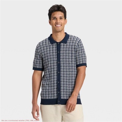 Men's Short Sleeve Full Button Sweater - Goodfellow & Co Navy/Cream XL