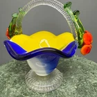 VTG Murano Style Blown Art Glass Basket Clear Ribbed Handle 7.5x7.5” Red Flowers