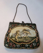 SMALL VINTAGE TAPESTRY HANDBAG/CLUTCH w/CHAIN STRAP and KISS-LOCK CLASP