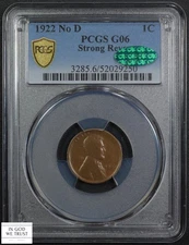 1922 No D Strong Reverse Lincoln Wheat Copper Cent 1C PCGS G 06 CAC