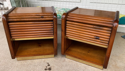 Pair vintage wood wooden nightstands  end tables ribbed drawers mid century mcm