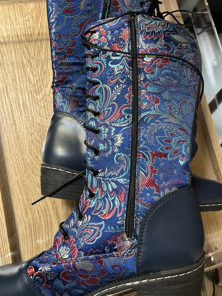 Botas hasta la rodilla para mujer Zapatos de cuero de tendencia azul Estampado floral de vaquero Talla 42 Foto 2 de 3