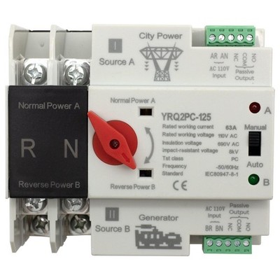 63A 110V Mini ATS Automatic Transfer Switch 2P, Din Rail Mounted Dual Power C...