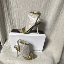 Nine West Gold Synthetic Strappy Stiletto Heels Ankle Strap Buckle Open Toe 5.5M