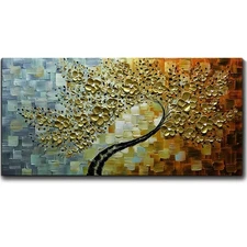 Art,30x60 Inch Modern Hand Painted Abstract Lucky Tree Canvas Art Golden Flow...