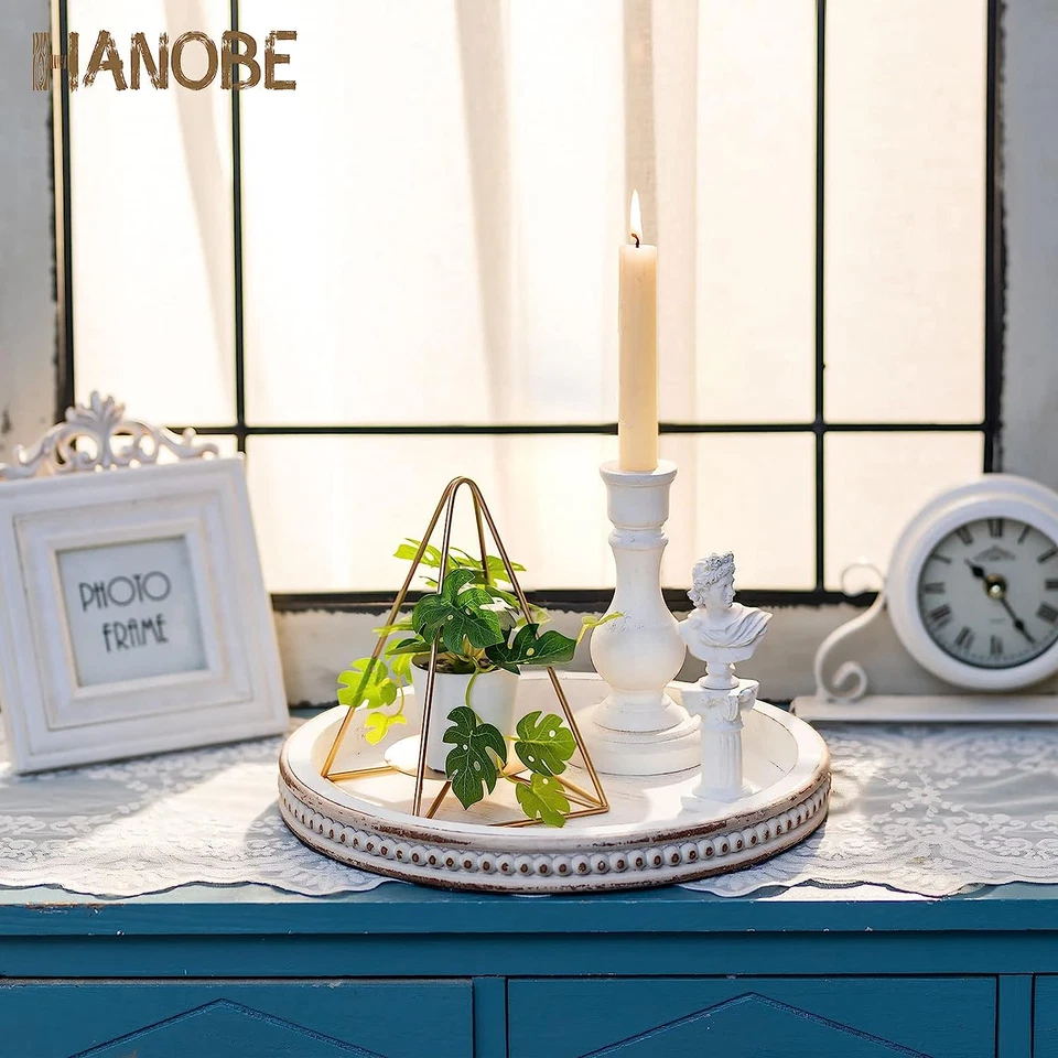 White Washed Bead Round Tray Decor, Serving Tray Wood, White Washed, 11.8" Dia. - Image 3 of 4