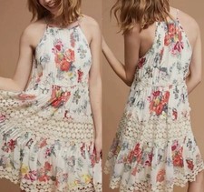 Anthropologie Ranna Gill Dress Sz M Beige Kalila Floral Crochet Trim Swing  Boho