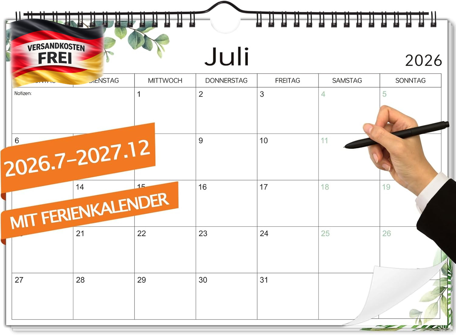 Wandkalender 2026 2027 A4 Querformat Familienplaner mit Feiertagen und Platz für