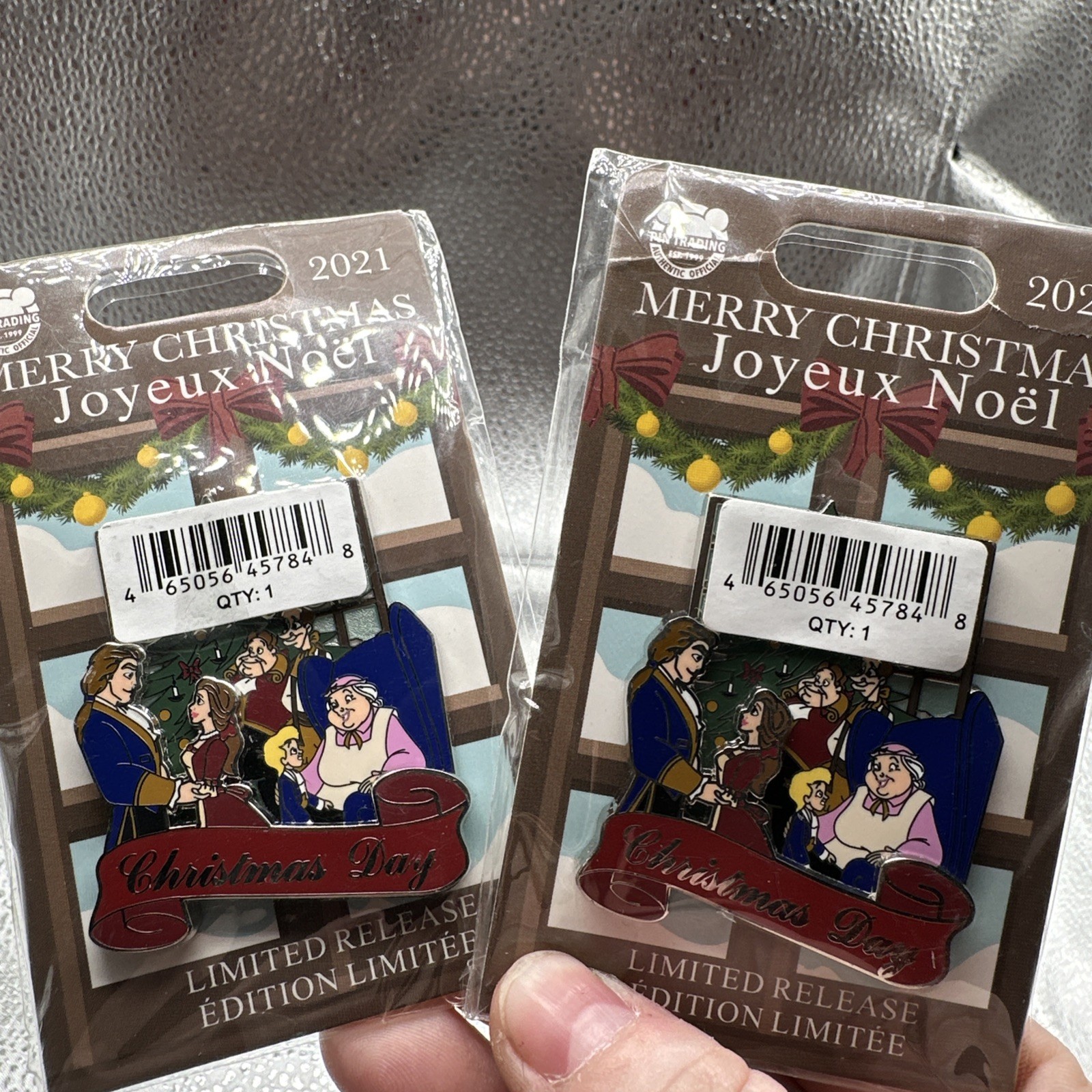 Disney Beauty And The Beast Pin. Merry Christmas. 2021 Hong Kong. Set Of 2