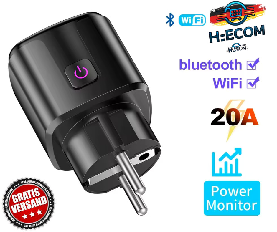 Smart WLAN Steckdose 20A Mit Strommessung Timer Kindersicherung Alexa App