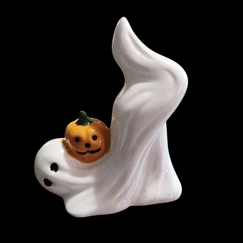 Vtg Halloween Ceramic Tumbling Ghost w/ Pumpkin Jack-o-Lantern Figurine 3.5" T