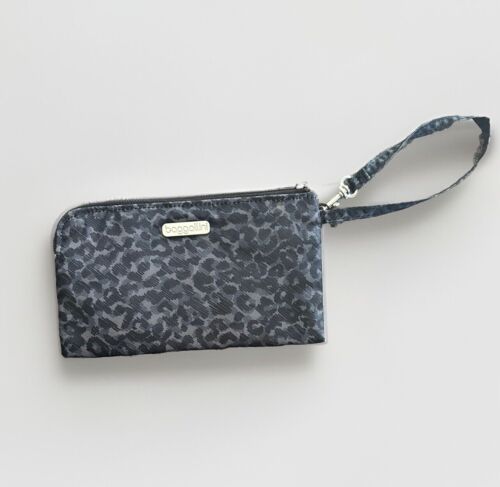 Bolso Muñequera Baggallini Negro Gris Leopardo Estampado Animal RFID Nylon Cremallera Alrededor