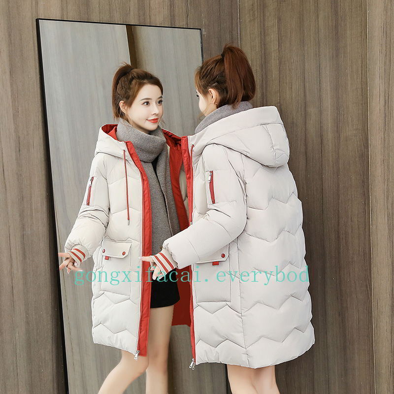 Women's Winter Jacket Long Down Cotton Faux Fur Collar Warm Hooded