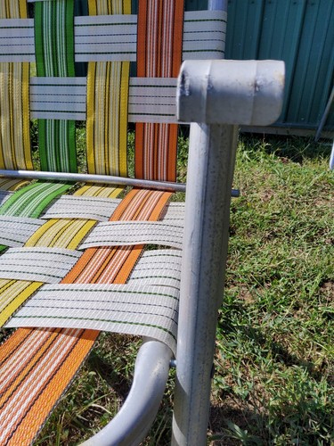 Vintage 1970s Adult Webbed Aluminum Folding Lawn Chairs Yellow Orange Green Blue - Picture 10 of 13