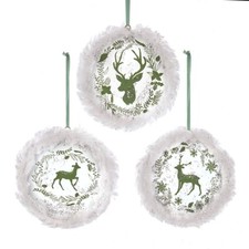 Sage Deer with Fur Trim Disc Ornaments