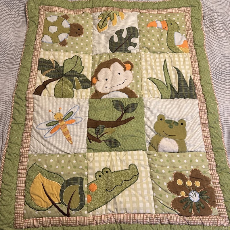 Baby Crib Blanket Quilt Handmade 40 x 32 Green Animal Jungle Print