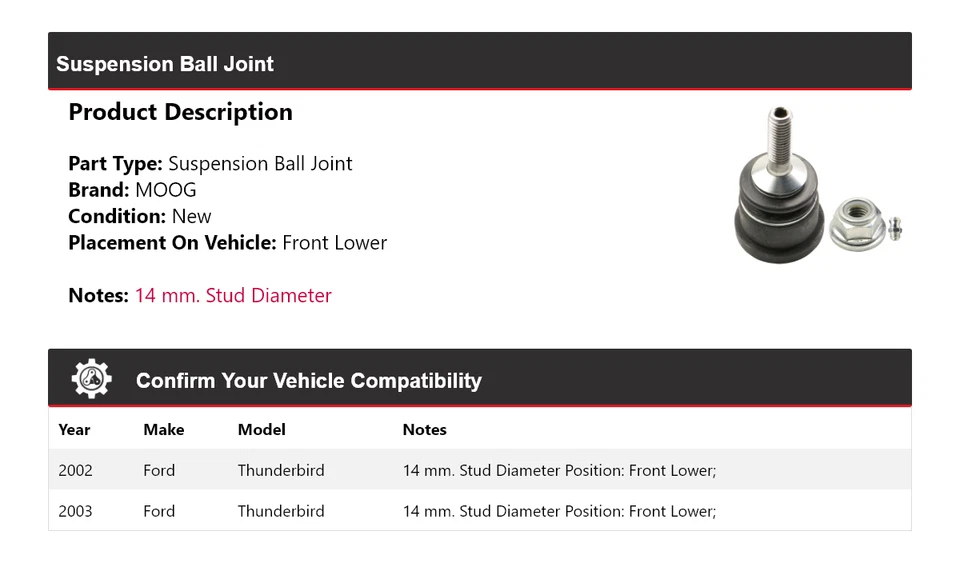 Rótula de suspensión delantera inferior MOOG para Ford Thunderbird 2002-2003 Foto 2 de 4