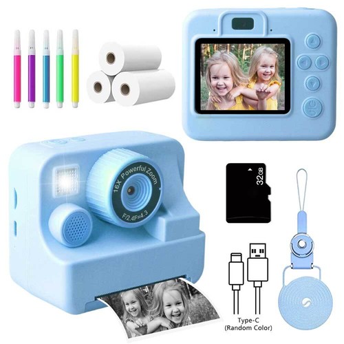 32GB Bue Digital Camera HD 1080P Video Kids Instant Print CAM USB Rechargeable