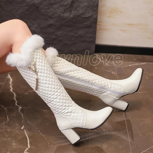 Halbhohe kniehohe Stiefel halbhoher Absatz Damen warm Fellbesatz Schnee Freizeitschuhe - Bild 5 von 6