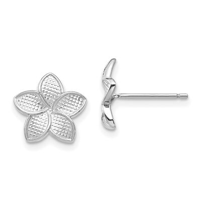 14k Weißgold Weiß Poliert und Strukturiert Plumeria Pfosten Ohrringe