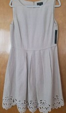 Tahari Flax Tan Linen Pleat Fit/Flare DressEmbroidered Hem Pockets NWT Msrp $148