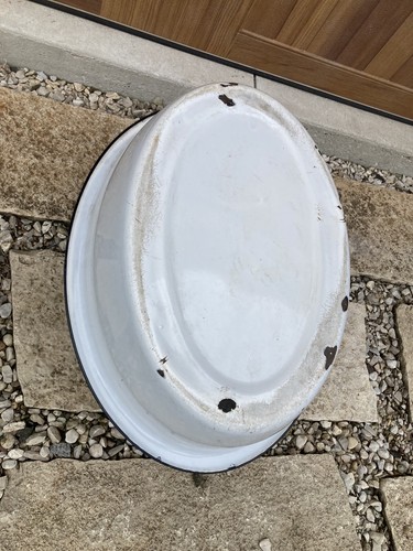 Large Enamel Ware Tub Basin Oval Wash Bowl 25 White Black Baby Bath Farmhouse - Picture 20 of 20