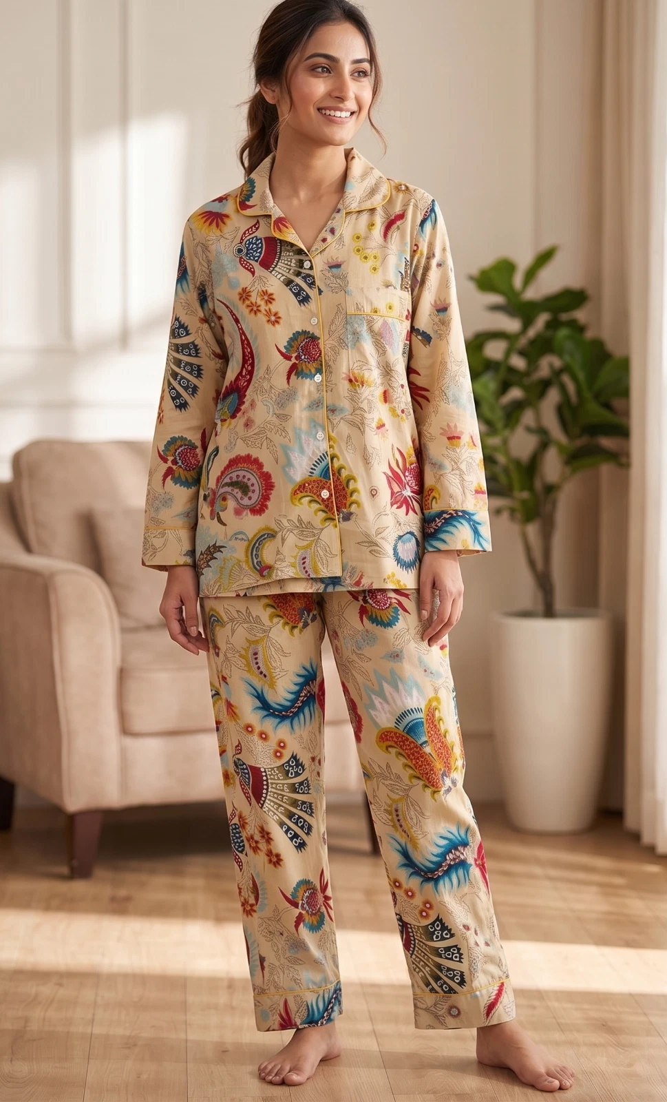 Handmade Beige Mukut Print Cotton Pajama Set Bridesmaid PJ Set Loose Clothing
Opens in a new window