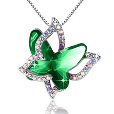 Gift Butterfly Crystal Necklace with Emerald Green Birthstone for May, Silver...