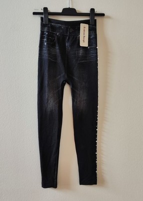 Damen Leggings M/38 Stretch Jeans-Look Perlen Fashion Design bequem schwarz/blau