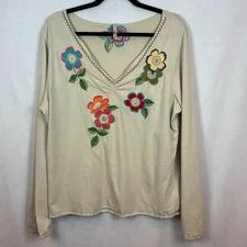 White Stag 100% Cotton Embroidered Floral Long Sleeve V-Neck Tee XL Lightweight