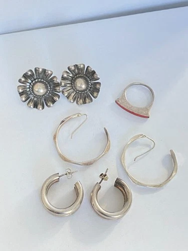 Southwestern Sterling Silver Vintage Earrings Coral Inlay Ring Jewelry LOT 23.6g