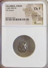 Calabria Taras Athena & Hercules Diobol NGC CH FINE Ancient Silver Coin
